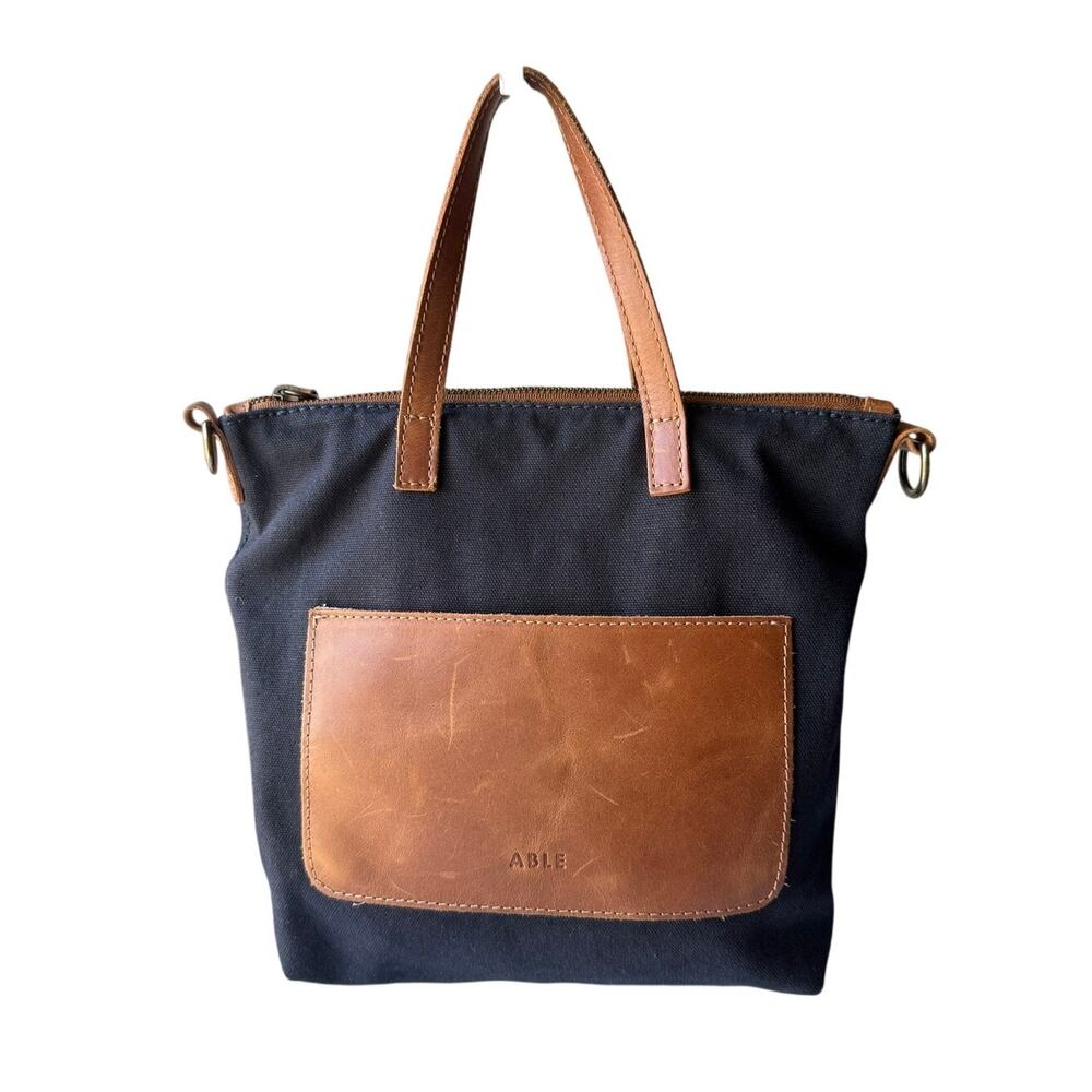 ABLE Black Canvas and Cognac Leather Tote Bag
